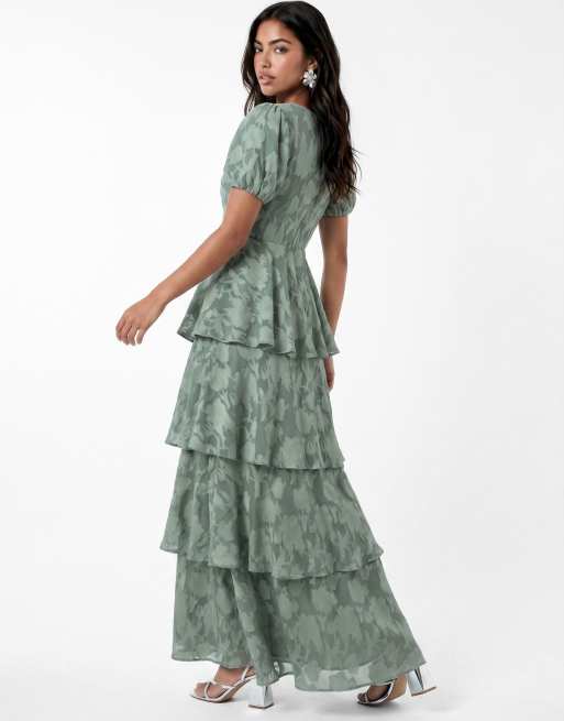 Anaya Floral burnout short sleeve tiered maxi dress in willow green, 2 of 6