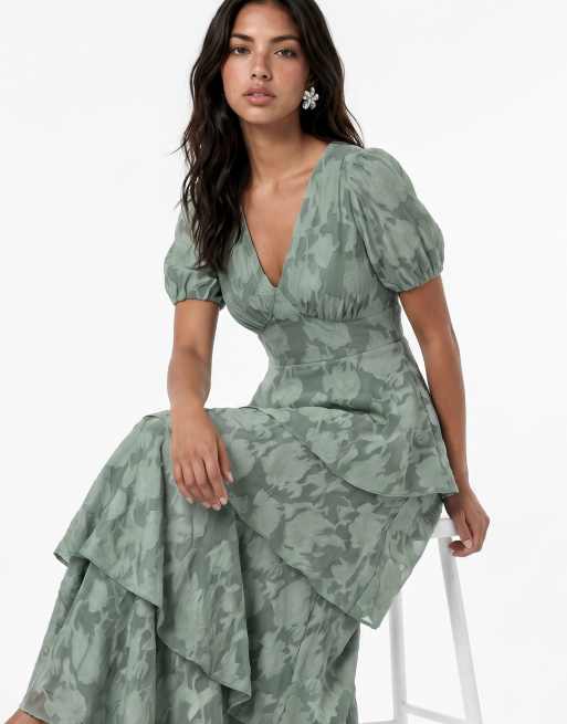 Anaya Floral burnout short sleeve tiered maxi dress in willow green, 4 of 6