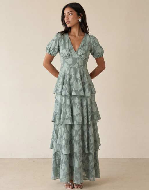 Anaya Floral burnout short sleeve tiered maxi dress in willow green, 5 of 6