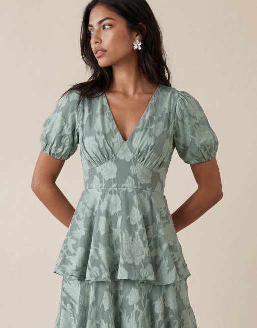 Anaya Floral burnout short sleeve tiered maxi dress in willow green, 6 of 6