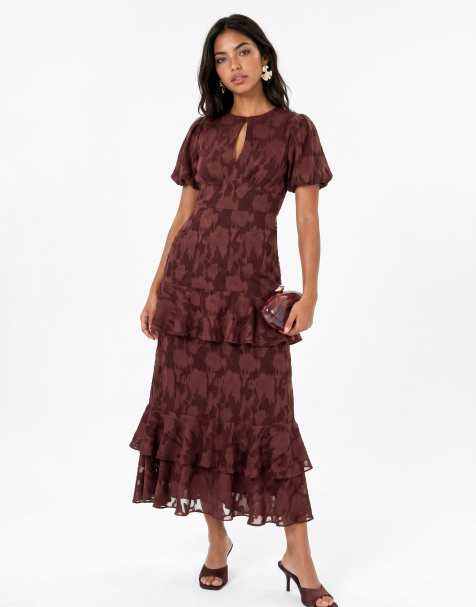 Anaya Floral burnout short sleeve tiered midaxi dress in chocolate truffle - view 1