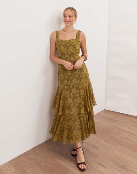Anaya Floral burnout square neck tiered midaxi dress in golden olive