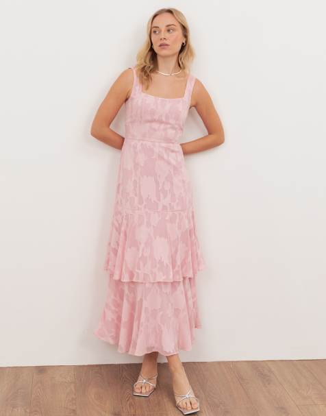 Anaya Floral burnout square neck tiered midaxi dress in peony pink