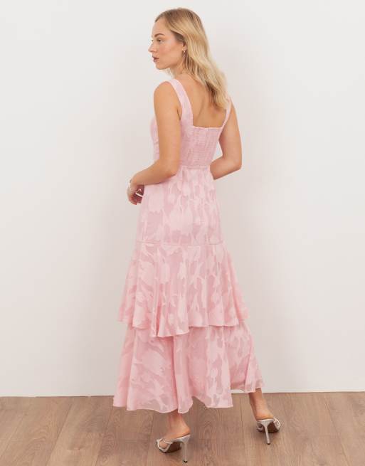 Anaya Floral burnout square neck tiered midaxi dress in peony pink, 3 of 4