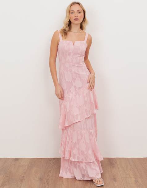 Anaya Floral burnout strappy asymmetric ruffle maxi dress in peony pink