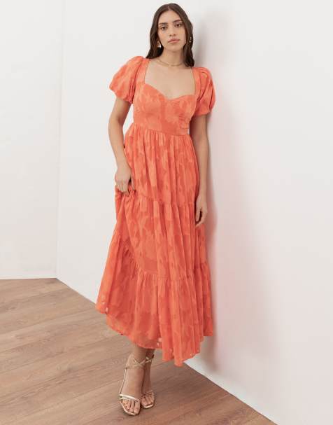 Anaya Floral burnout sweetheart neck puff sleeve midaxi dress in coral
