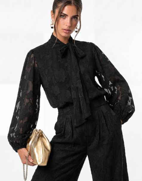 Anaya Floral burnout tie neck long sleeve blouse in black - view 1