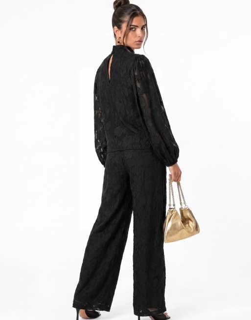 Anaya Floral burnout tie neck long sleeve blouse in black, 2 of 5