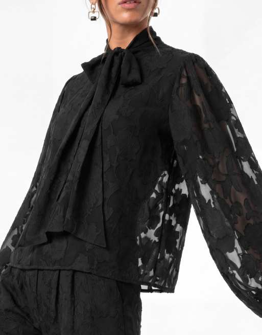 Anaya Floral burnout tie neck long sleeve blouse in black, 3 of 5
