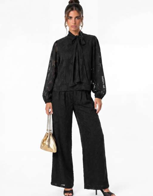Anaya Floral burnout tie neck long sleeve blouse in black, 4 of 5