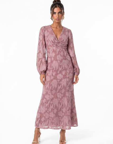 Anaya Floral burnout twist front long sleeve midaxi dress in twilight mauve