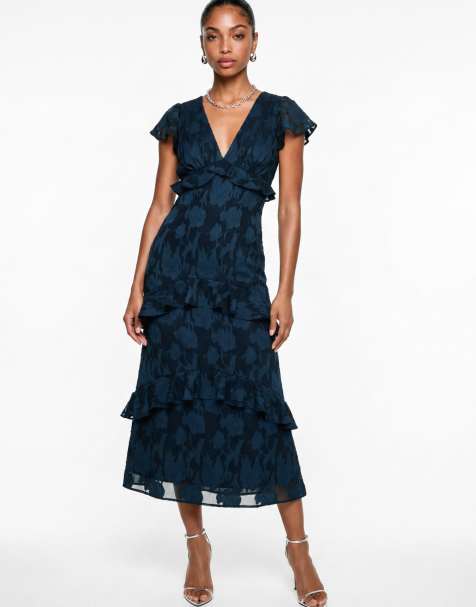Anaya Floral burnout v neck ruffle midi dress in navy - view 1