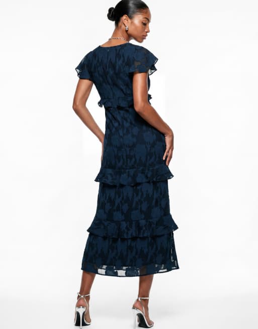 Anaya Floral burnout v neck ruffle midi dress in navy, 2 of 6
