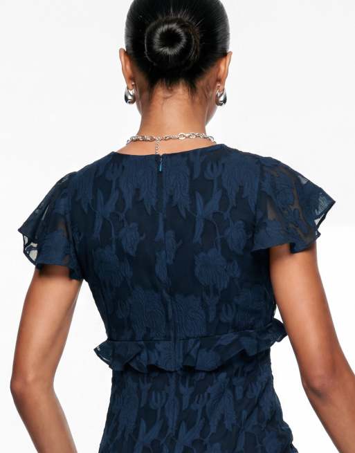 Anaya Floral burnout v neck ruffle midi dress in navy, 4 of 6