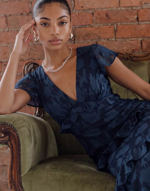 Anaya Floral burnout v neck ruffle midi dress in navy, 6 of 6