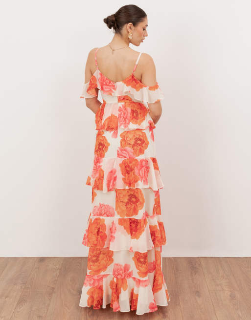 Anaya Floral cold shoulder tiered maxi dress in multi, 3 of 4