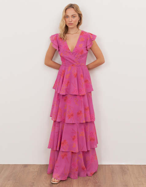 Anaya Floral faux wrap flutter sleeve tiered maxi dress in hot pink