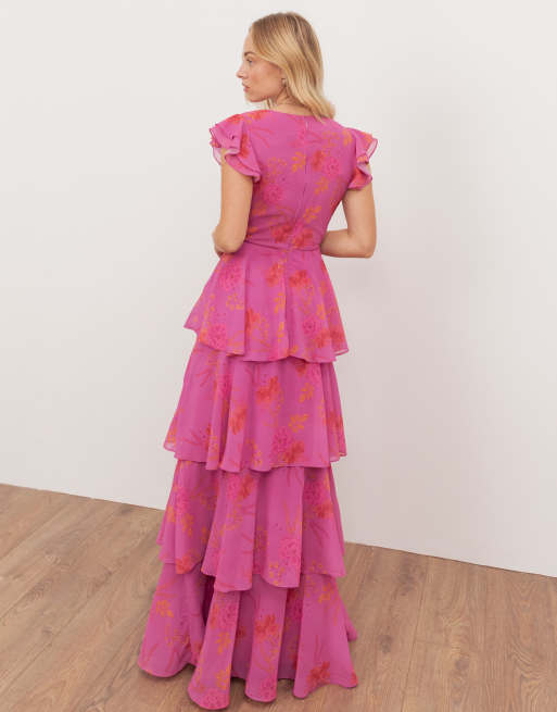 Anaya Floral faux wrap flutter sleeve tiered maxi dress in hot pink, 3 of 4