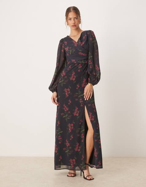 Anaya Floral faux wrap long sleeve maxi dress in black