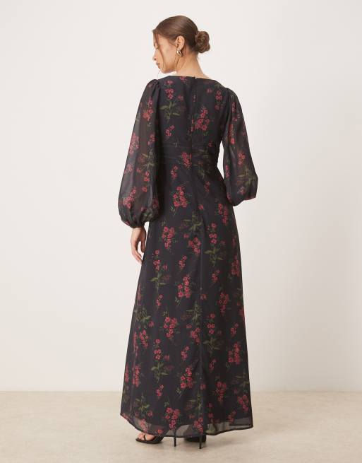 Anaya Floral faux wrap long sleeve maxi dress in black, 2 of 4