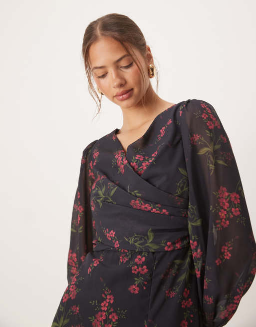 Anaya Floral faux wrap long sleeve maxi dress in black, 3 of 4