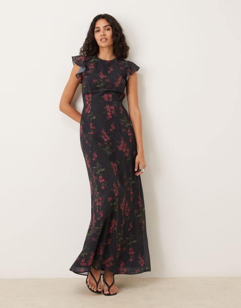 Anaya Floral flutter sleeve maxi dress in black