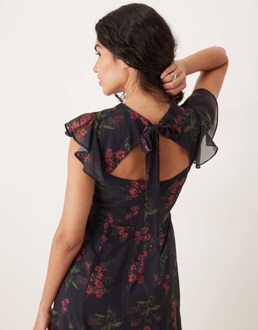 Anaya Floral flutter sleeve maxi dress in black, 2 of 4