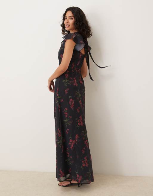 Anaya Floral flutter sleeve maxi dress in black | ASOS
