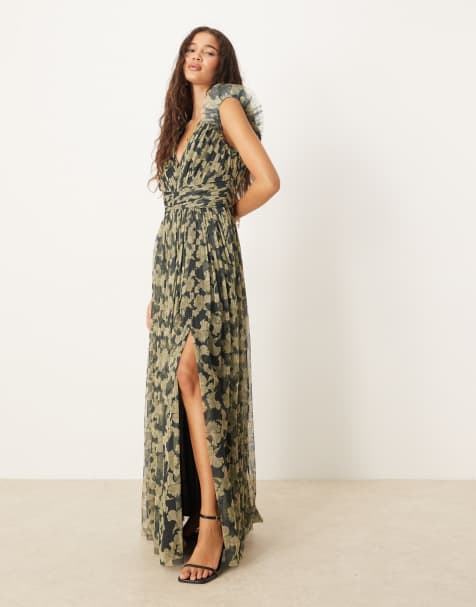 Anaya Floral flutter sleeve v neck maxi dress in black - view 1