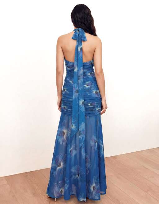 Anaya Floral halter neck ruched maxi dress in blue, 3 of 4