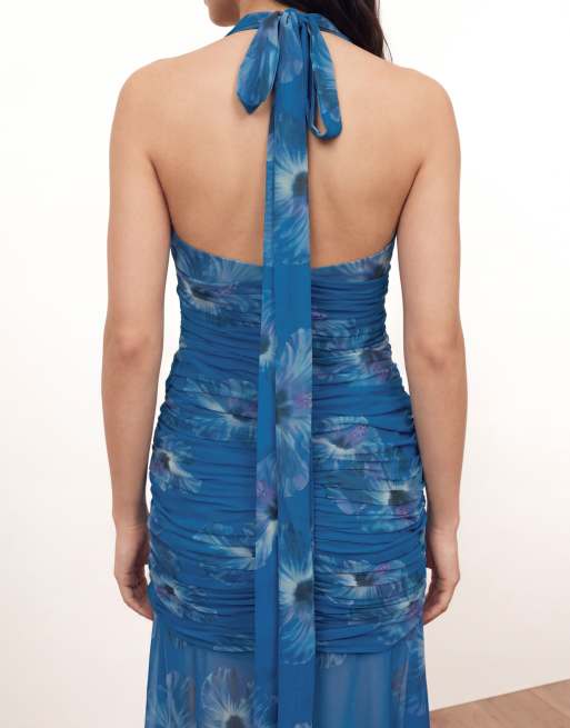 Anaya Floral halter neck ruched maxi dress in blue, 4 of 4