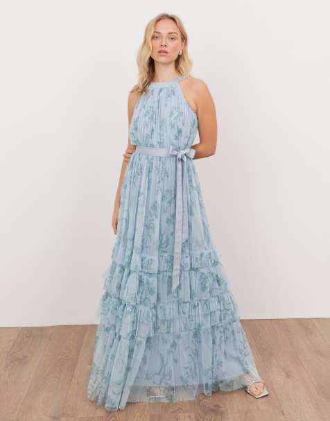 Anaya Floral halter neck ruffle tulle maxi dress in blue