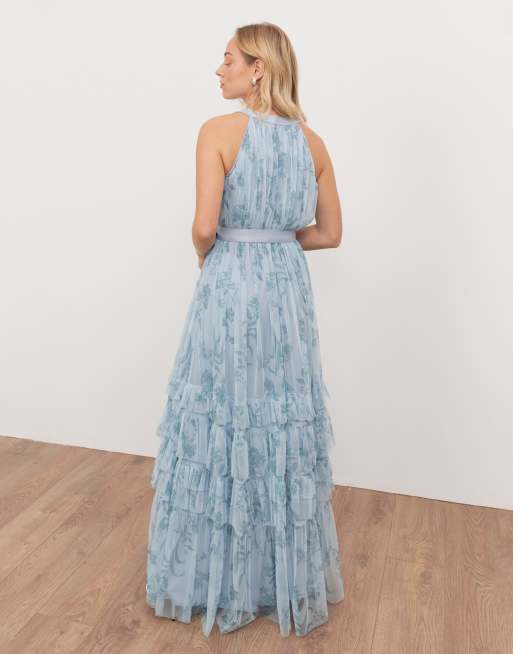 Anaya Floral halter neck ruffle tulle maxi dress in blue, 4 of 4