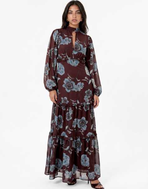 Anaya Floral high neck long sleeve tiered maxi dress in multi - view 1