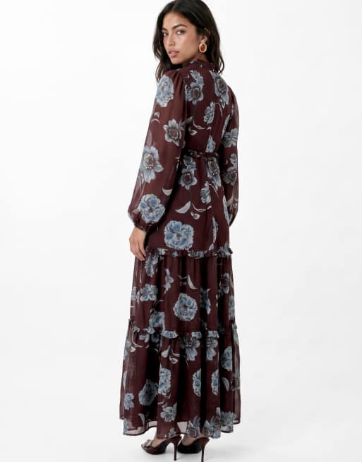 Anaya Floral high neck long sleeve tiered maxi dress in multi, 2 of 4
