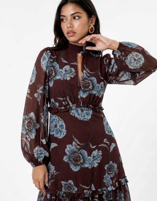 Anaya Floral high neck long sleeve tiered maxi dress in multi, 3 of 4