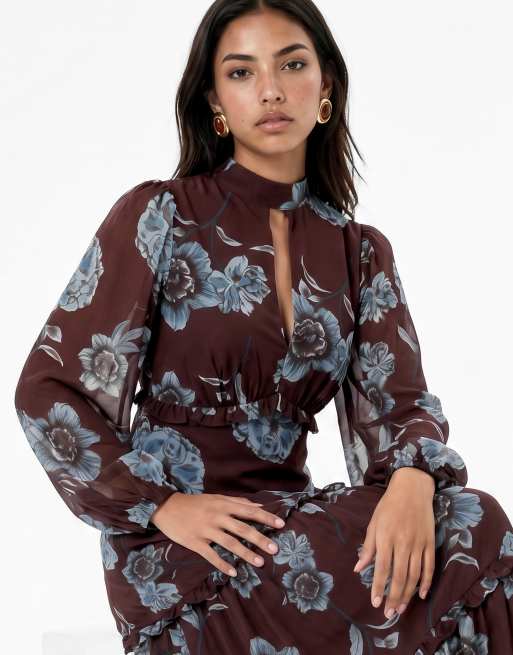 Anaya Floral high neck long sleeve tiered maxi dress in multi, 4 of 4