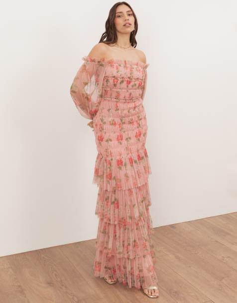 Anaya Floral long sleeve bardot maxi dress in pink