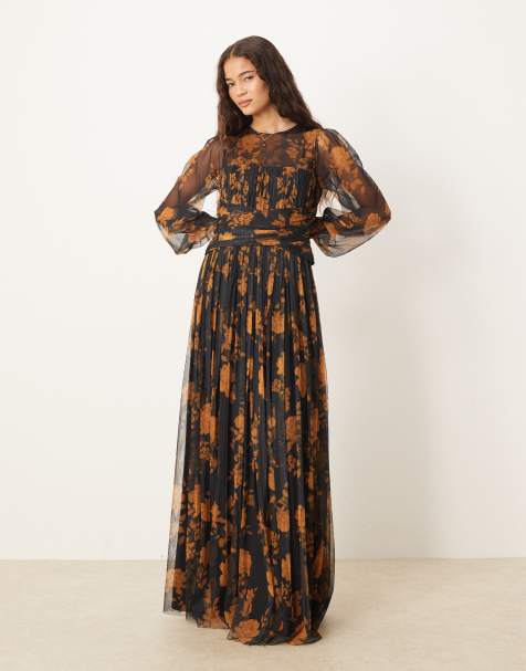 Anaya Floral long sleeve gathered maxi dress in black