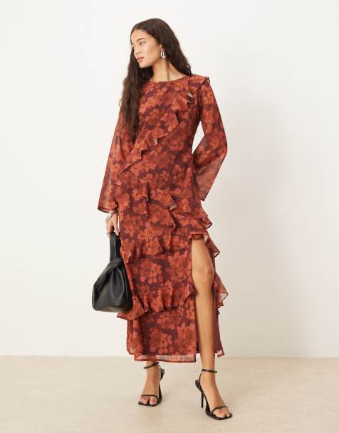Anaya Floral long sleeve ruffle midaxi dress in rust
