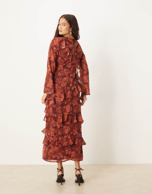 Anaya Floral long sleeve ruffle midaxi dress in rust, 2 of 4