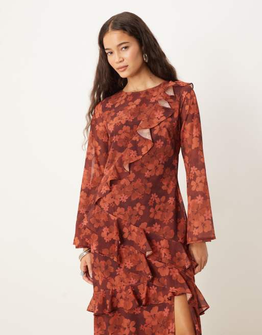 Anaya Floral long sleeve ruffle midaxi dress in rust, 3 of 4