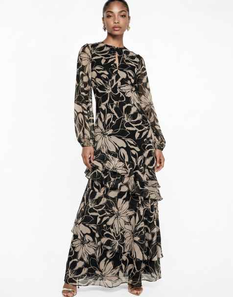 Anaya Floral long sleeve tiered maxi dress in black - view 1