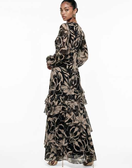 Anaya Floral long sleeve tiered maxi dress in black, 2 of 6