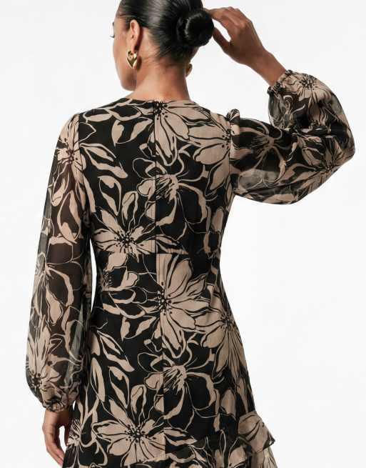 Anaya Floral long sleeve tiered maxi dress in black, 4 of 6