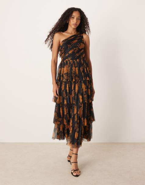 Anaya Floral one shoulder tiered midi dress in black - view 1