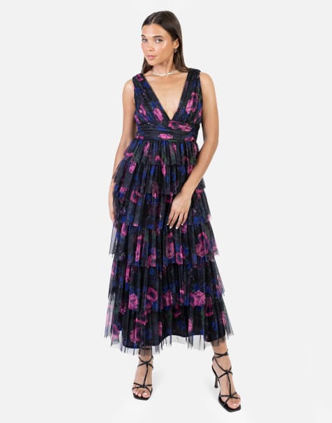 Anaya Floral plunge v neck tiered tulle maxi dress in multi