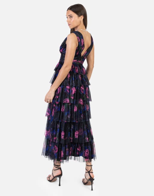 Anaya Floral plunge v neck tiered tulle maxi dress in multi, 2 of 4