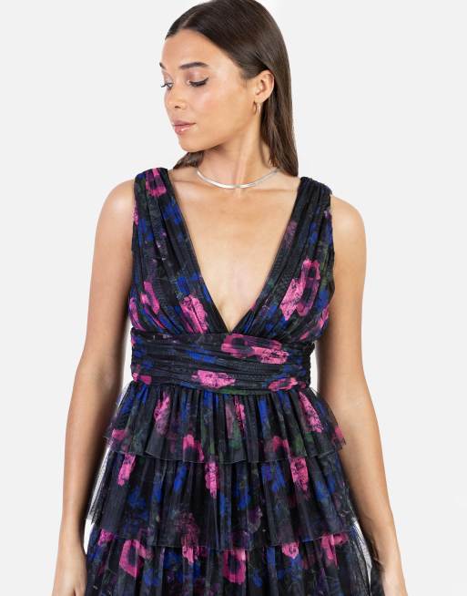 Anaya Floral plunge v neck tiered tulle maxi dress in multi, 3 of 4