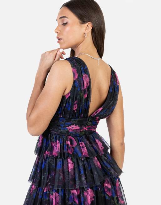 Anaya Floral plunge v neck tiered tulle maxi dress in multi, 4 of 4